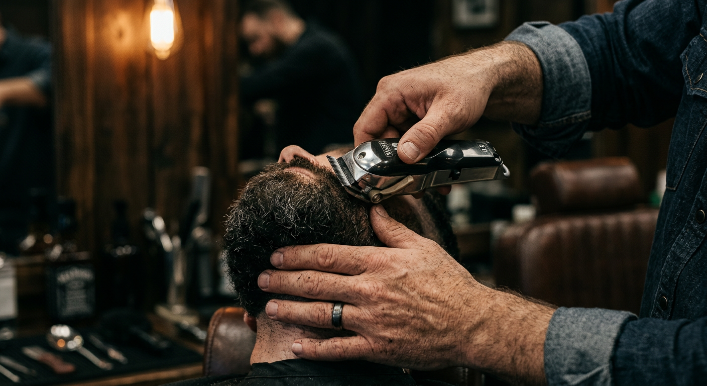 Close-up of a barber trimming a beard with clippers