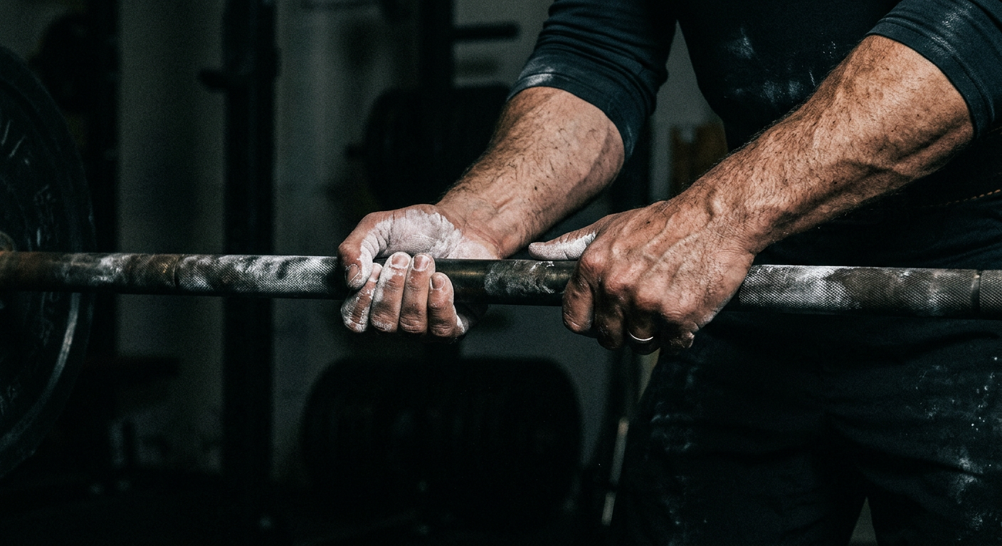 Chalked hands gripping a barbell