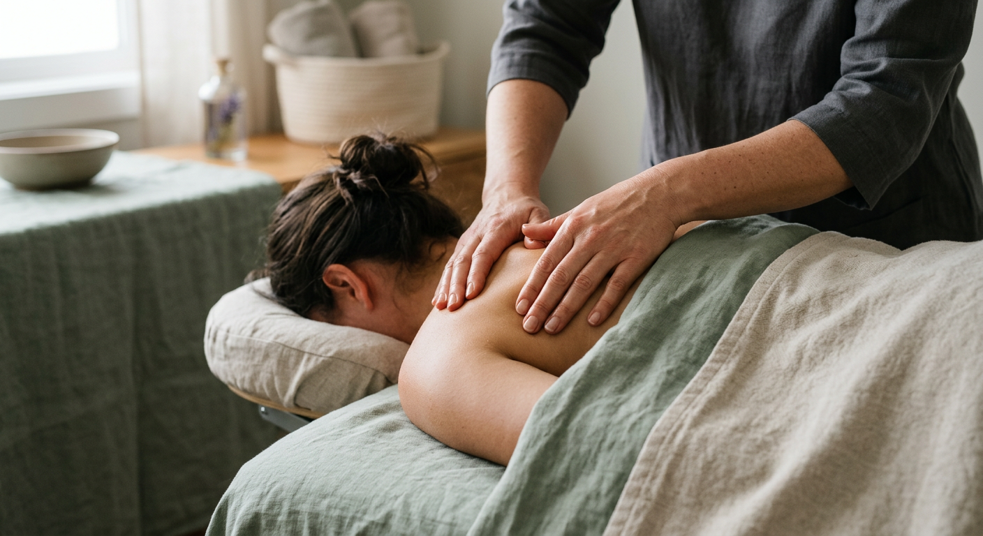 Massage therapist working on a client’s shoulder