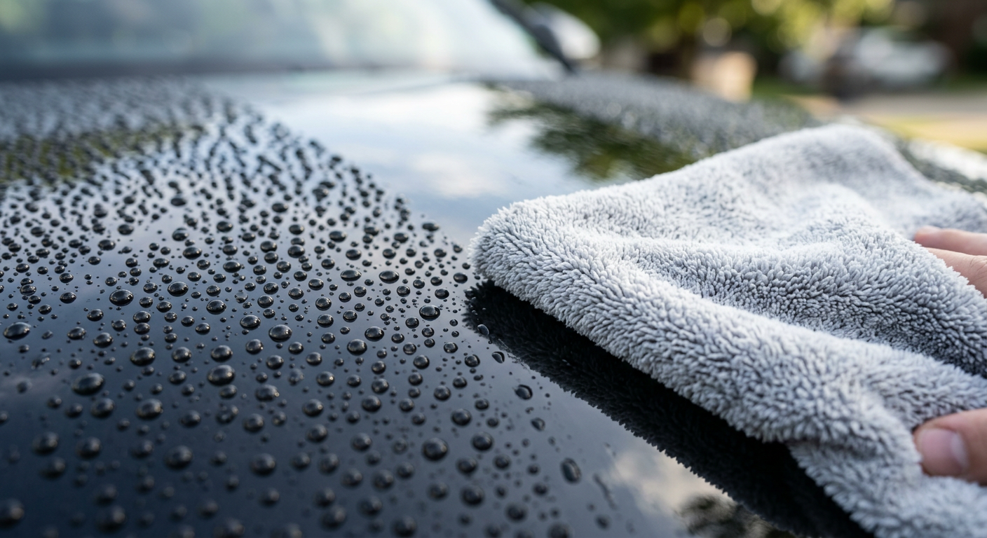 Water beading on freshly coated car paint
