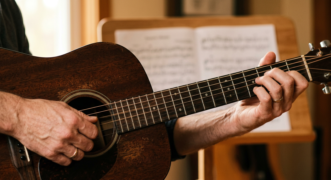 Hands playing an acoustic guitar