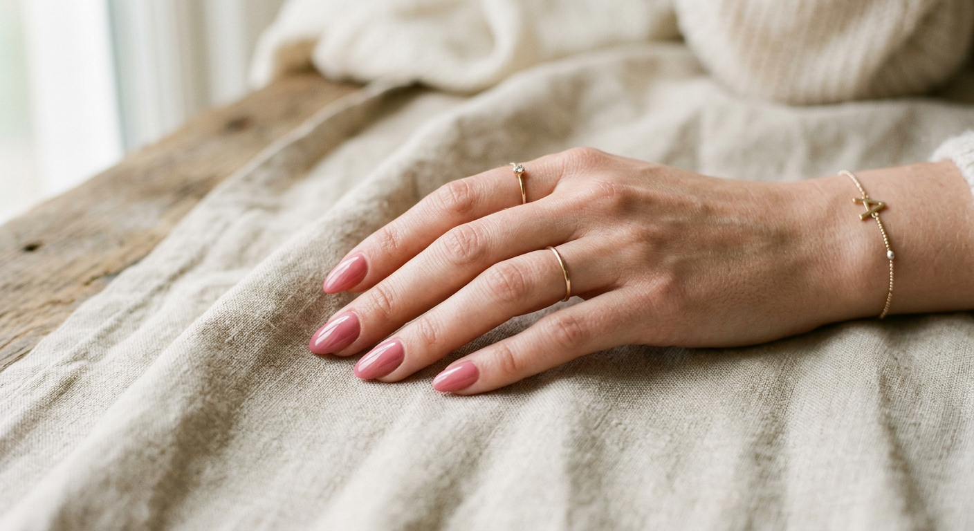 Hand with a glossy rose-coloured manicure resting on linen