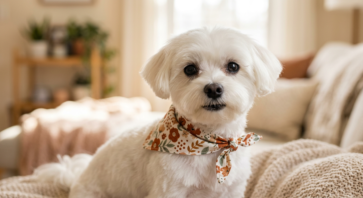 Freshly groomed small white dog wearing a bandana