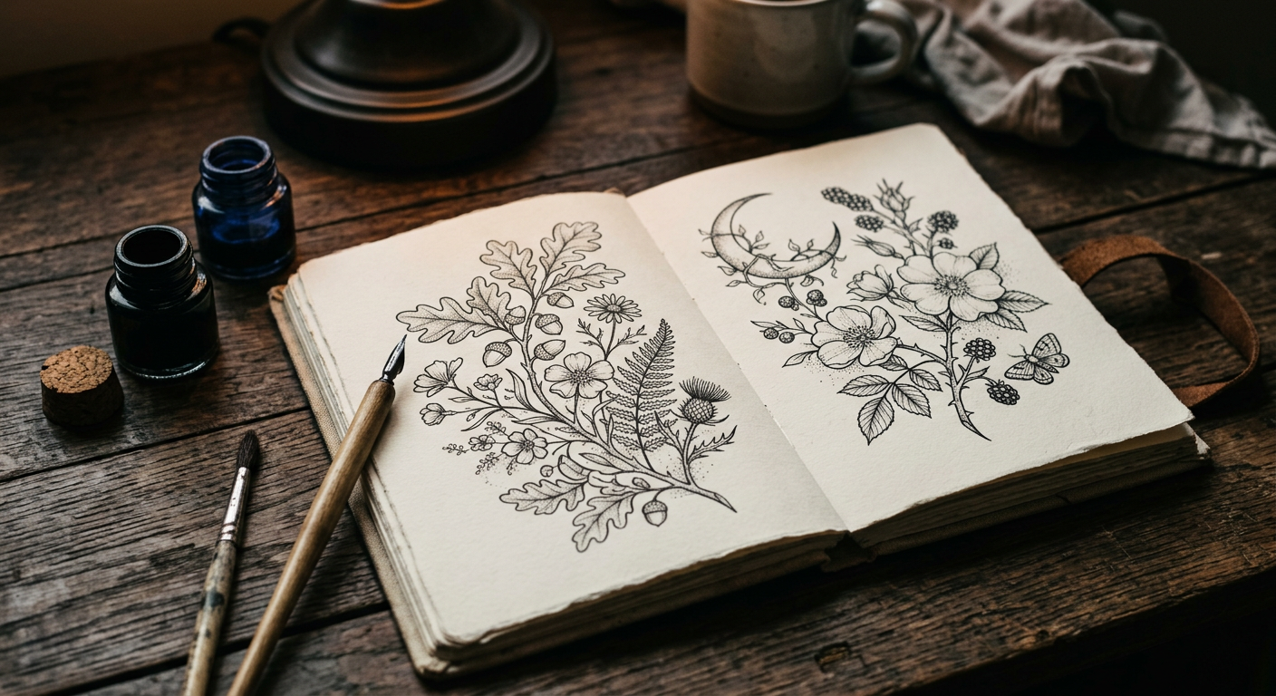 Sketchbook of fine-line botanical tattoo designs with ink pots